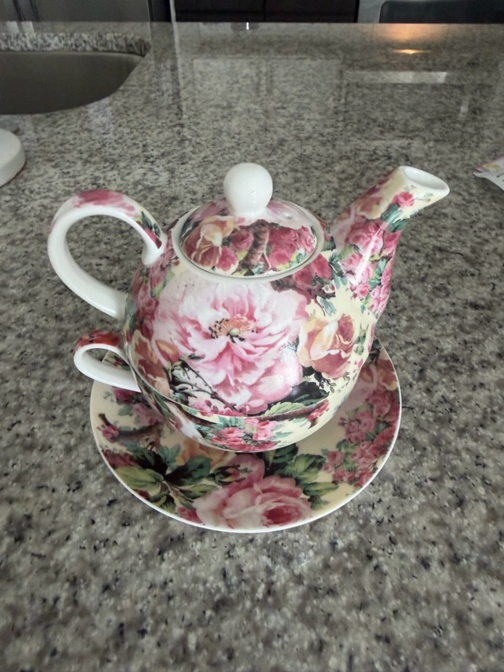 Floral Porcelain Teapot and Cup Set - Pink Rose Design